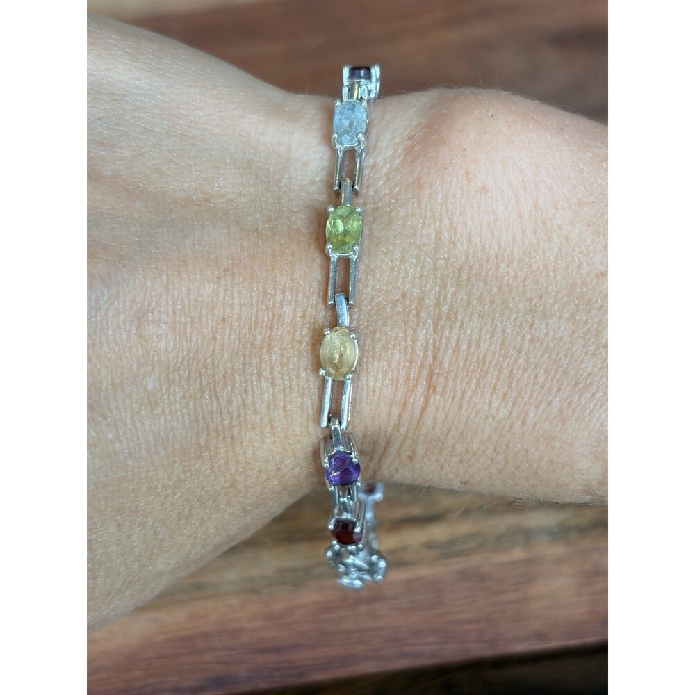 Vintage 925 Sterling Silver Multi Color Natural Gemstones 7 Inch Tennis Bracelet